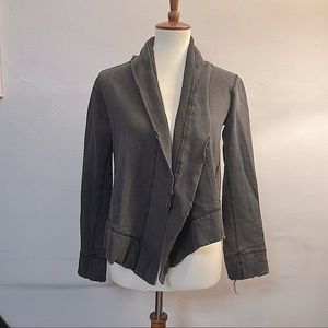 Charcoal gray, distressed open cloth jacket.